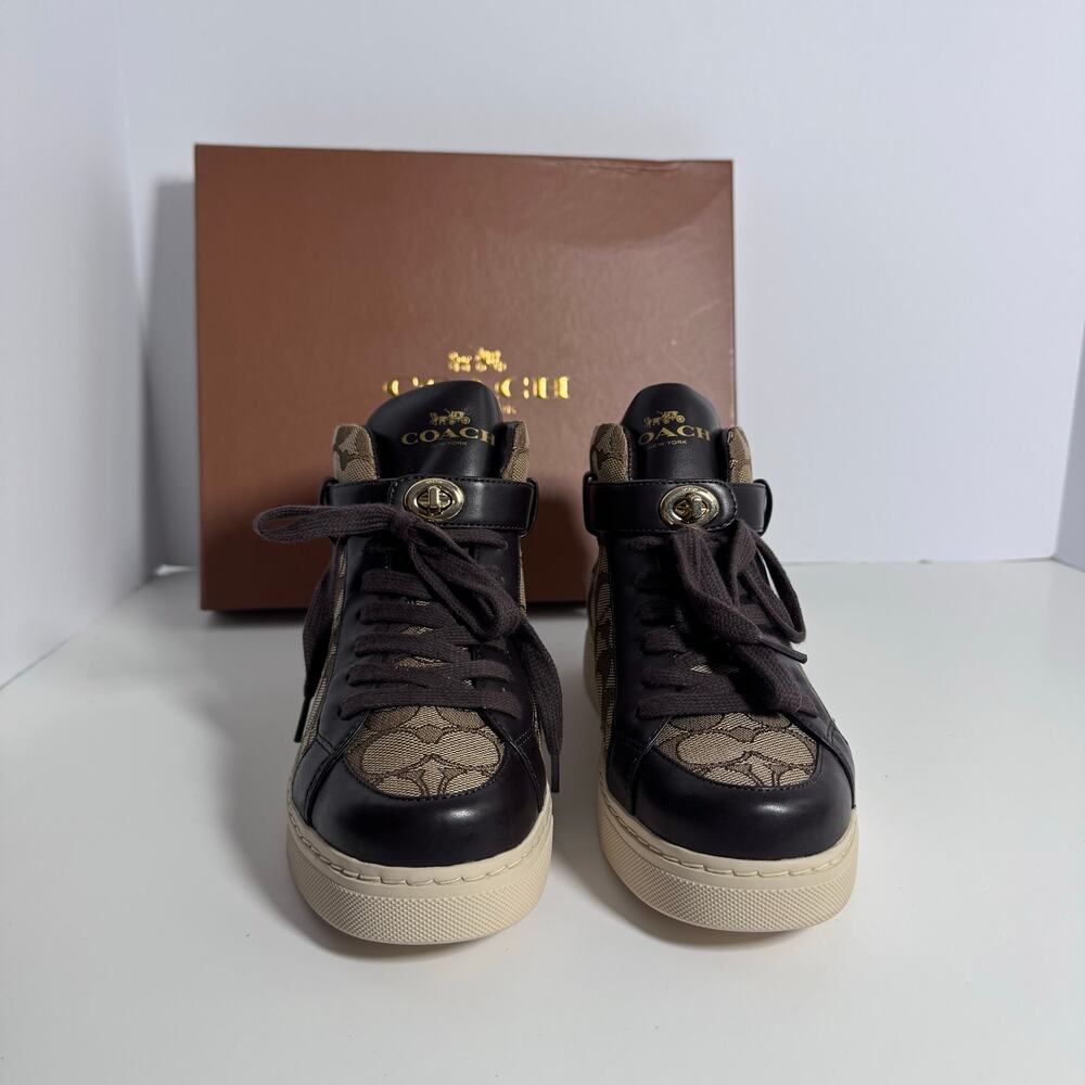Coach Ray Outline Signature High Top Sneakers Khaki Chestnut 6.5 New Defect - Picture 7 of 14
